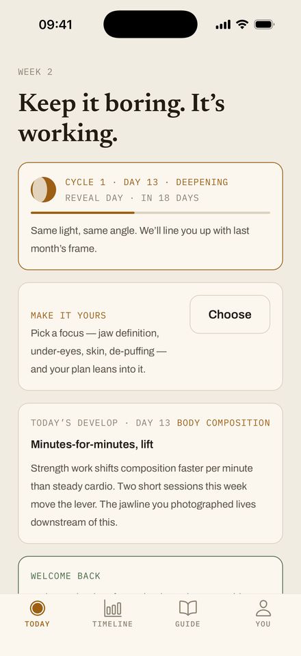 Gloune Today screen: cycle progress, daily develop card and tickable levers